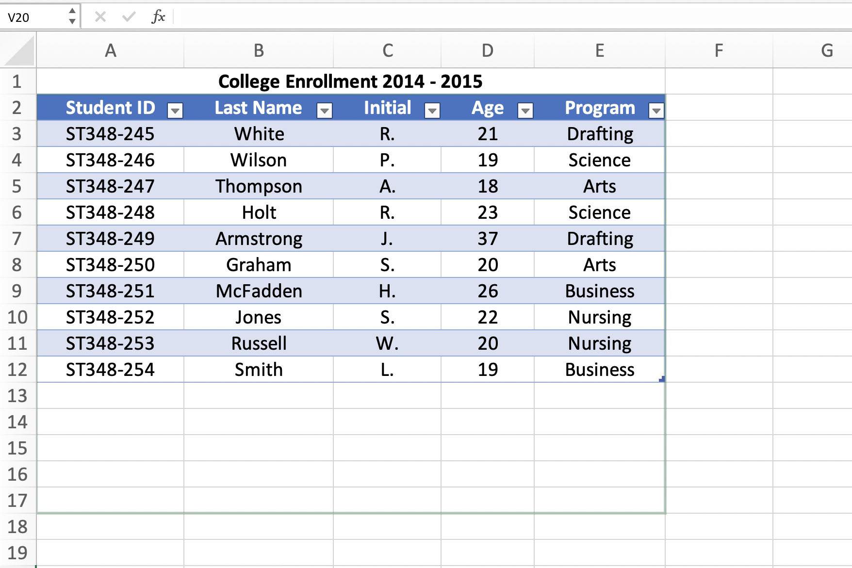 Screenshot van Excel met toenemend tabelbereik