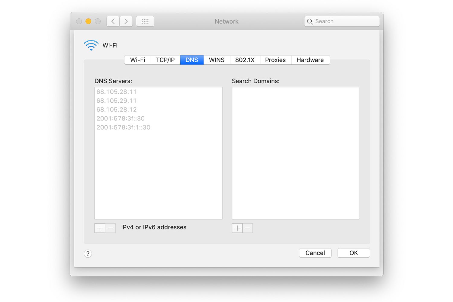 Scherm met voorkeuren voor DNS-instellingen op een Mac