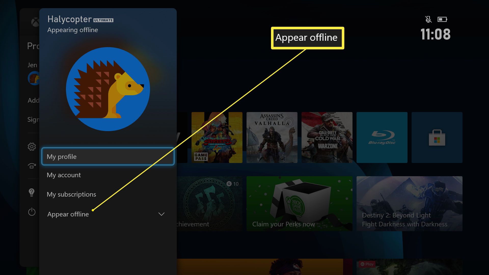 Xbox Series X/S-dashboard met Offline verschijnen gemarkeerd in gebruikersprofiel
