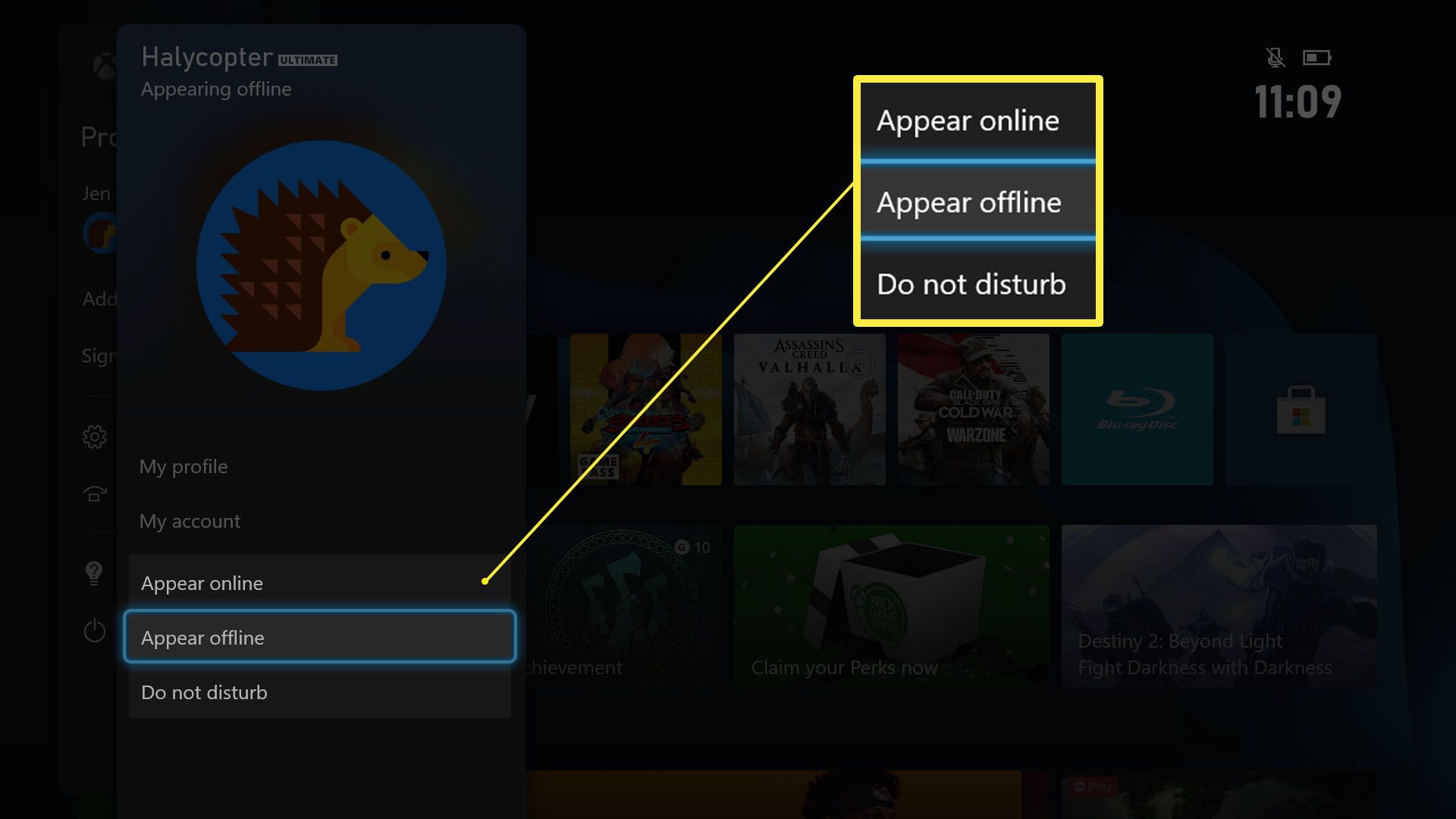 Xbox Series X/S-dashboard met Niet storen gemarkeerd in gebruikersprofiel