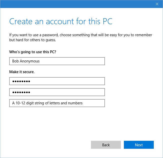 Scherm voor het maken van lokale accounts in Windows 10.