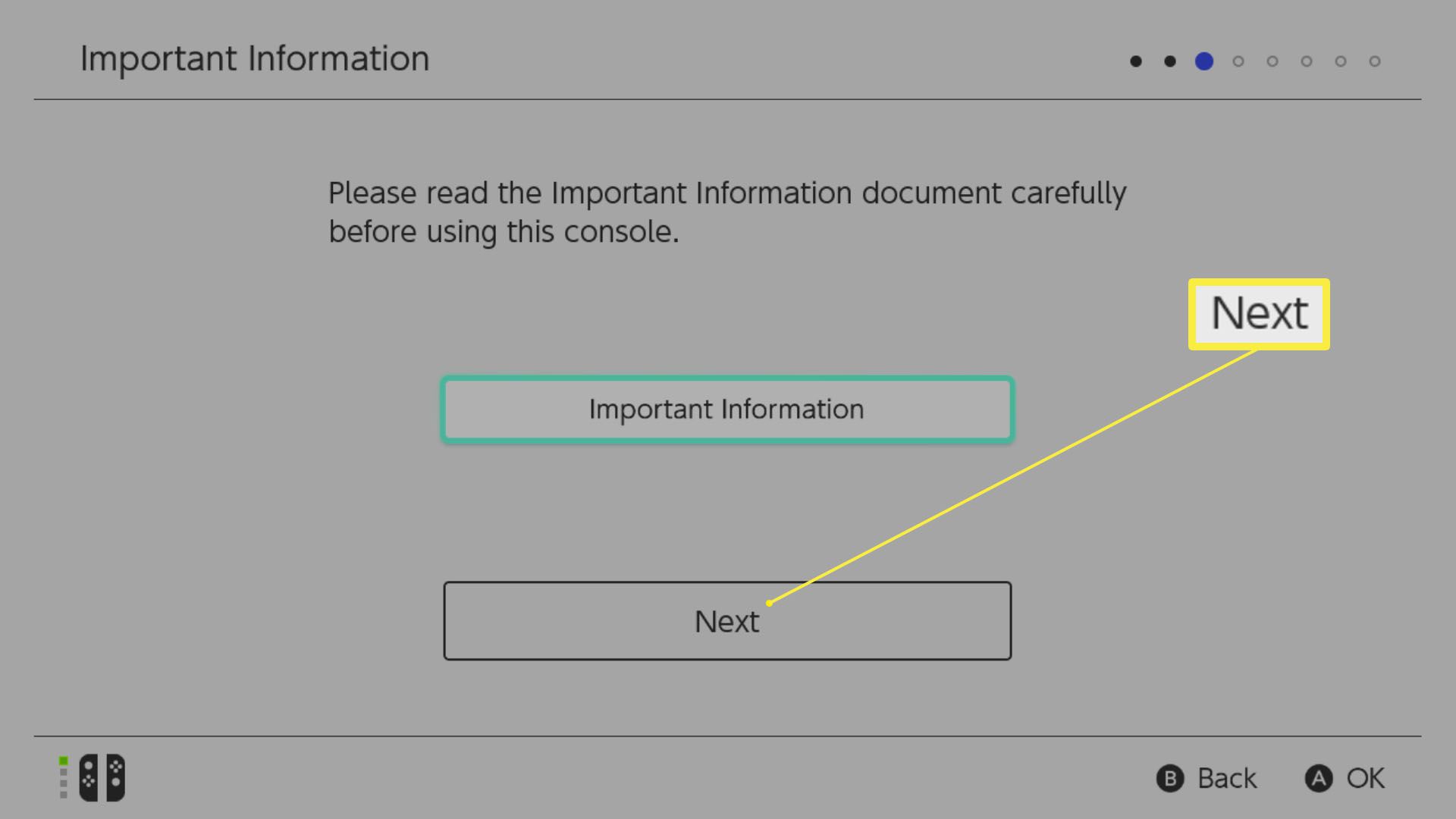 Nintendo Switch-configuratiescherm met Volgende gemarkeerd onder belangrijke informatie