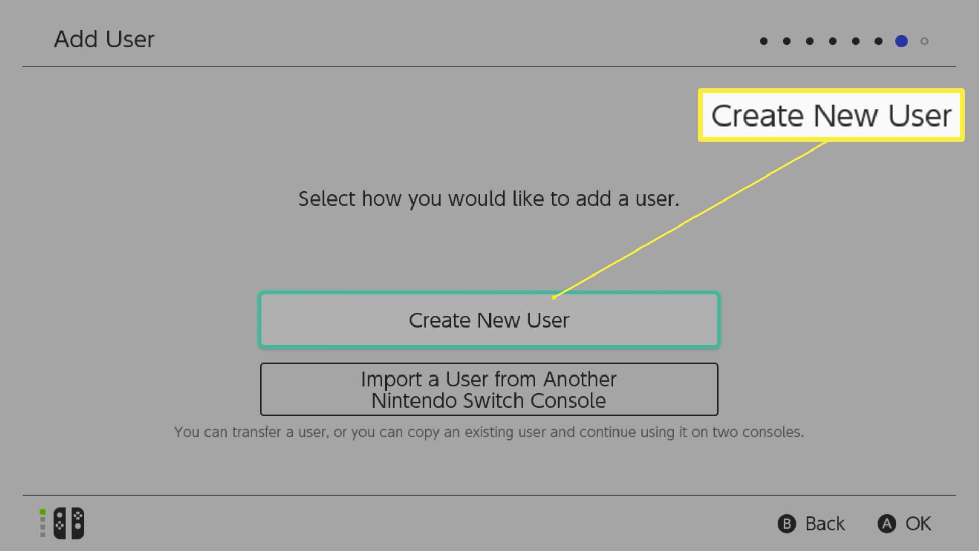 Nintendo Switch-configuratie met Nieuwe gebruiker maken gemarkeerd