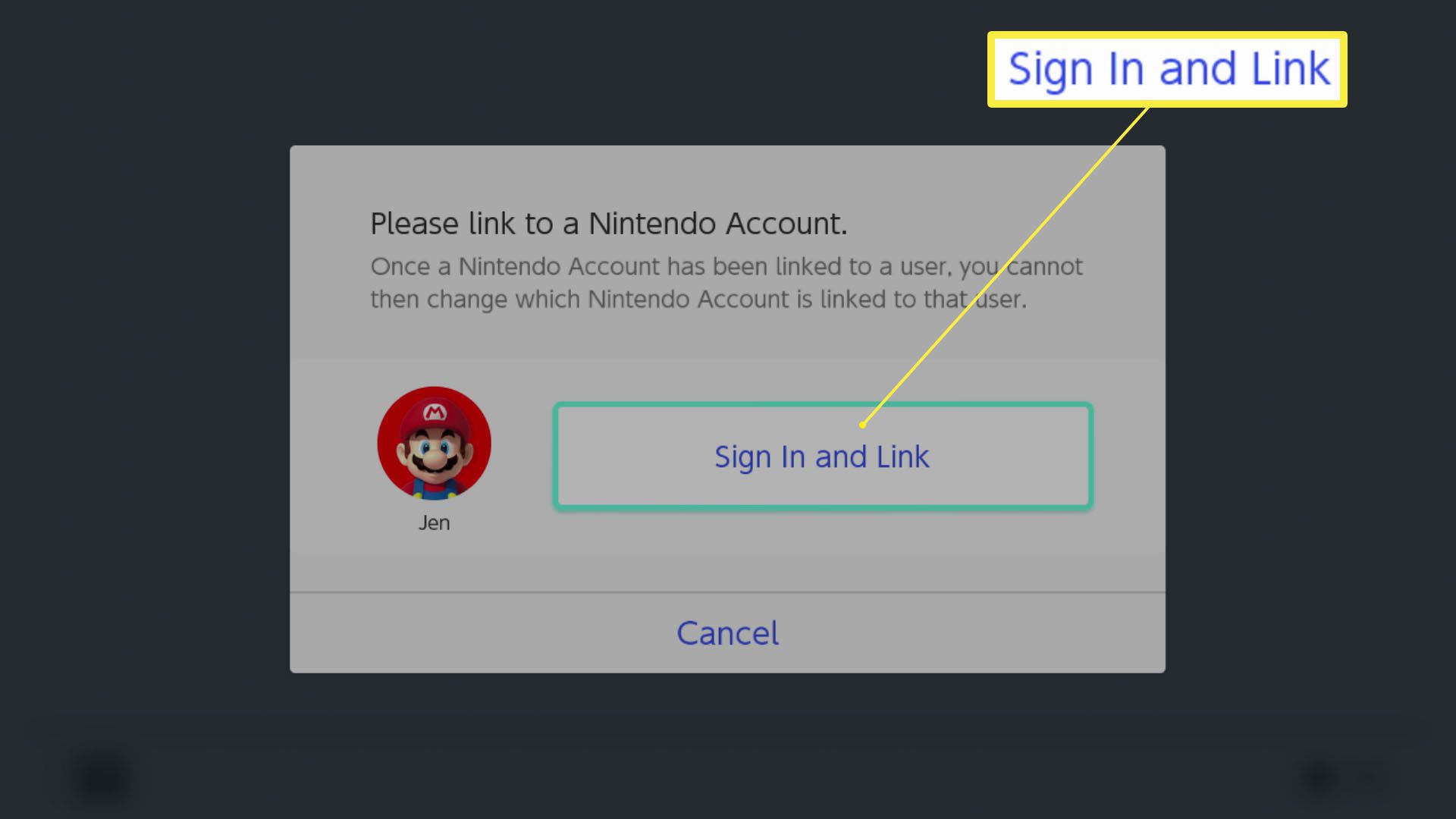 Nintendo Switch-configuratie met Inloggen en link gemarkeerd voor het koppelen van een Nintendo-account