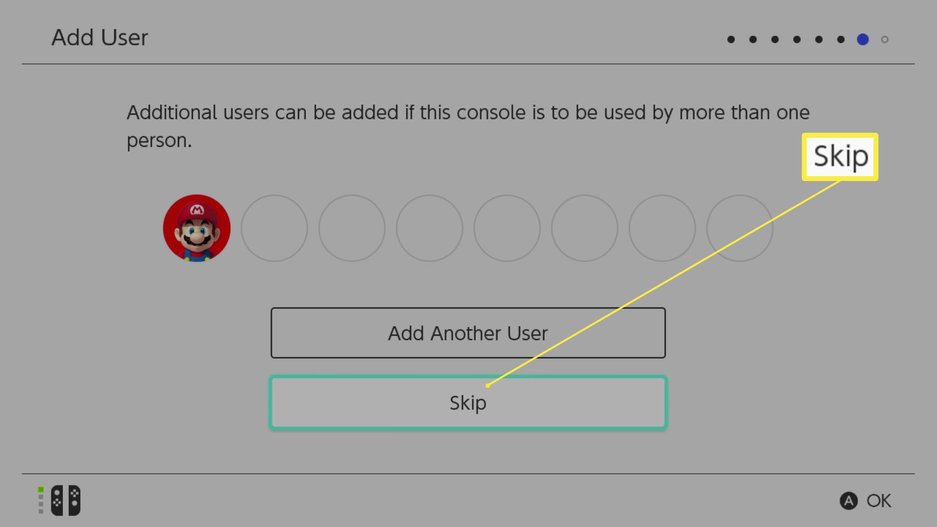 Nintendo Switch-configuratiescherm met Gebruiker toevoegen gemarkeerd