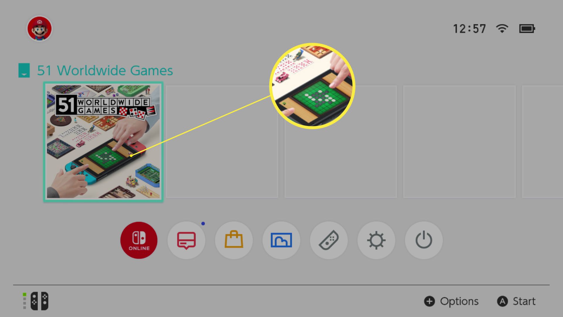 Nintendo Switch-startscherm met een gemarkeerde game om te spelen