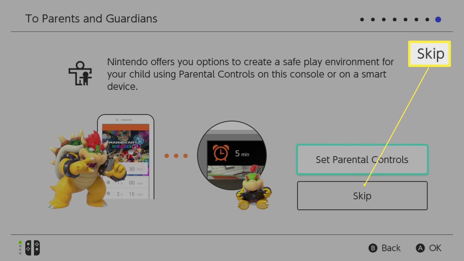 Nintendo Switch-configuratie met opties voor Ouderlijk toezicht instellen gemarkeerd