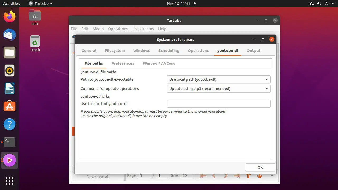 Ubuntu Tartube ingesteld youtube-dl-pad