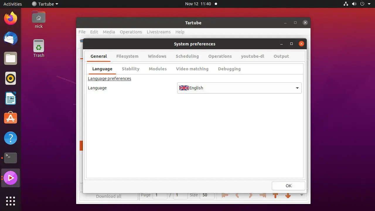 Ubuntu Tartube-voorkeurenvenster