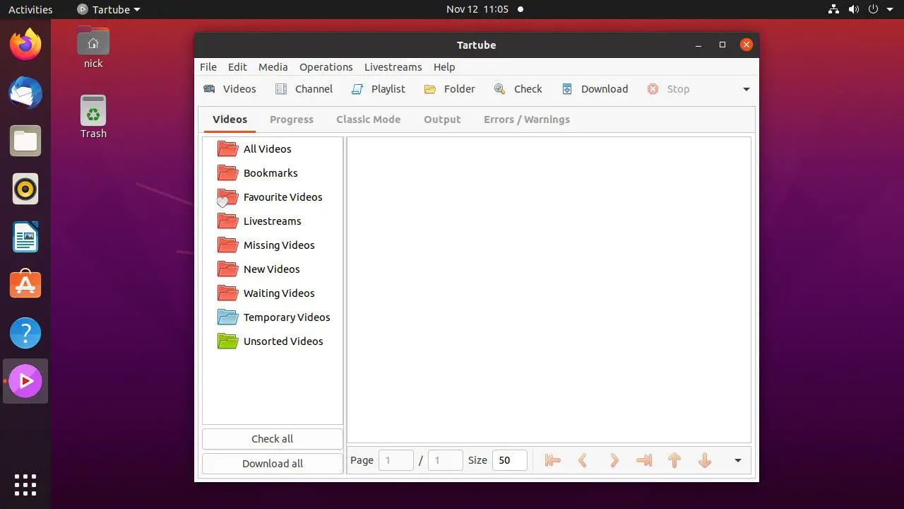 Tartube geopend op Ubuntu