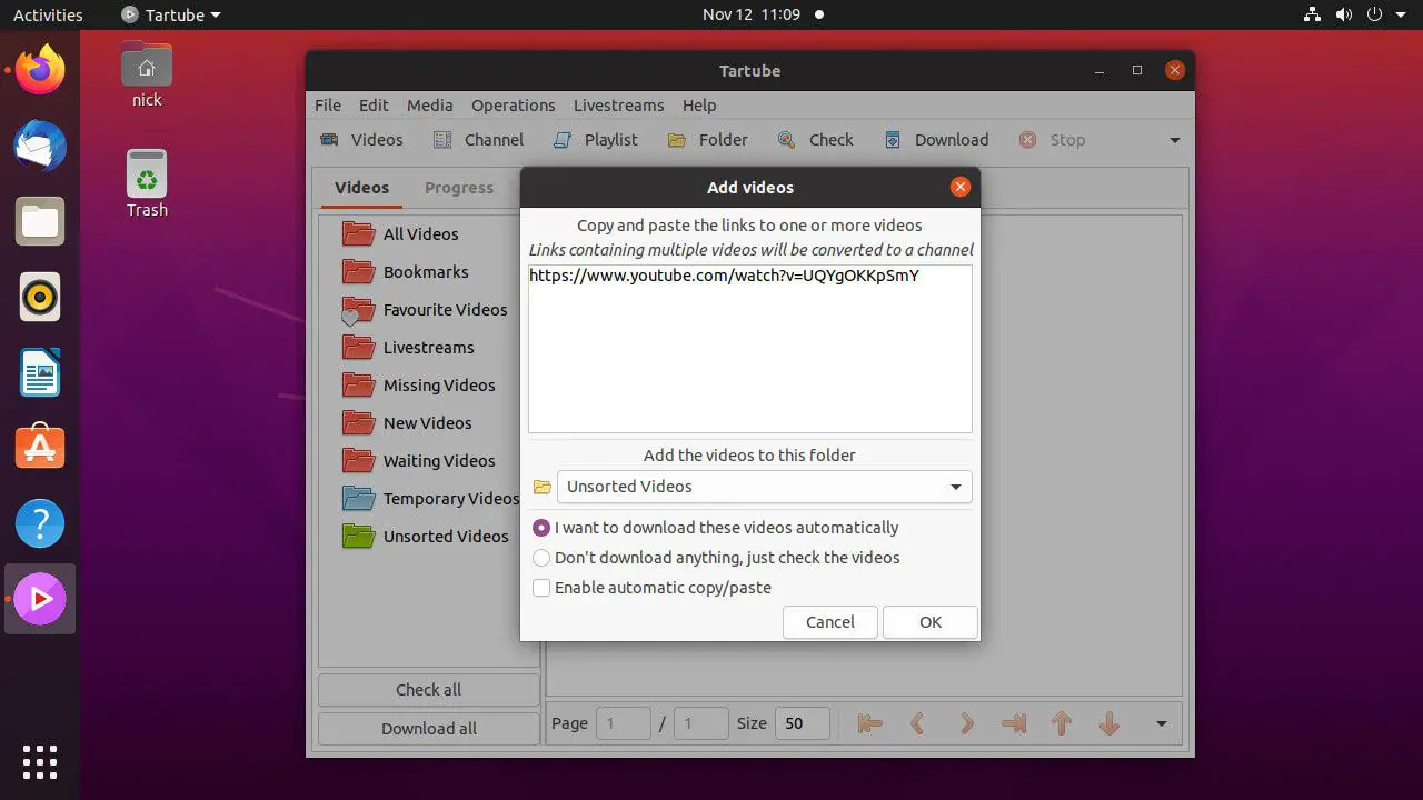 Ubuntu Tartube voegt URL's toe