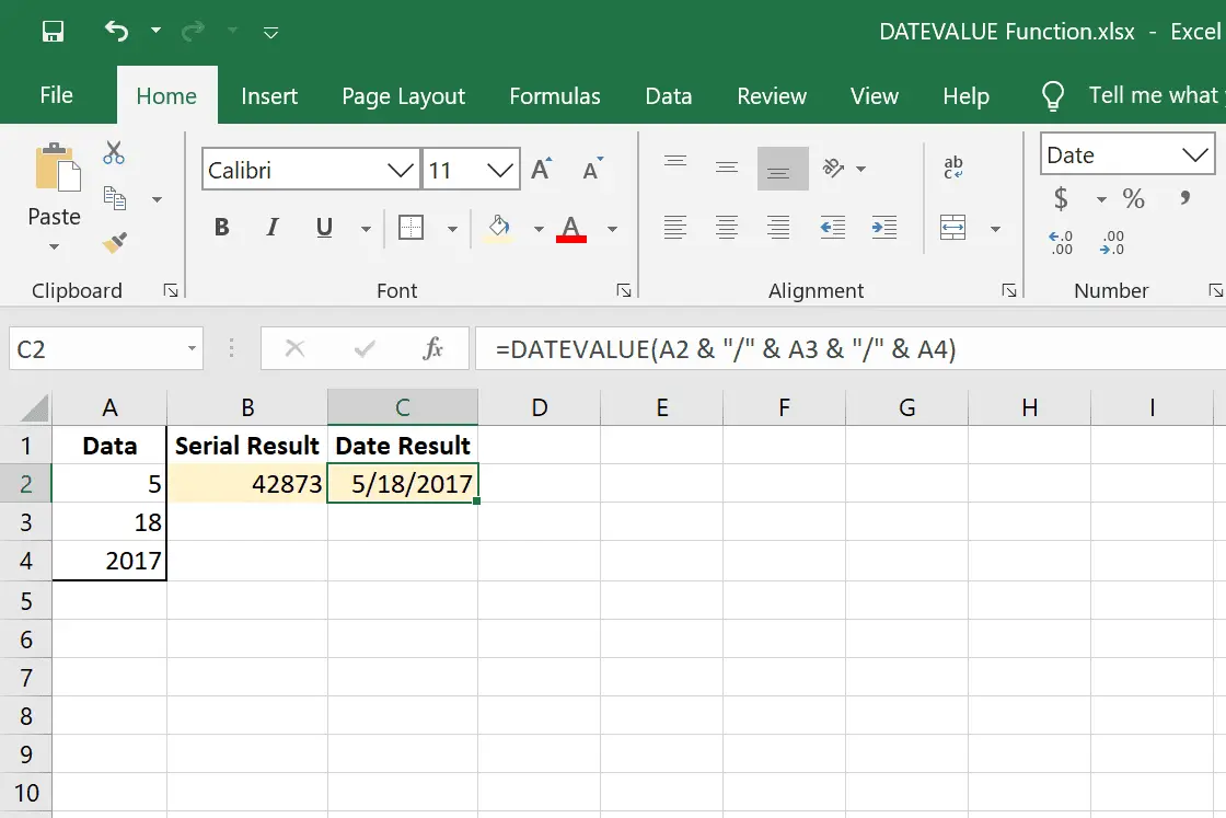 DATEVALUE Excel-functievoorbeeld met en-tekens