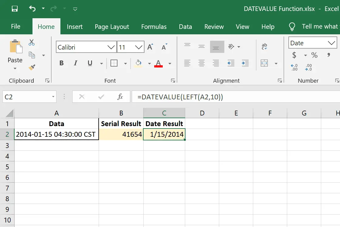 DATEVALUE en LEFT Excel-functies samen gebruikt