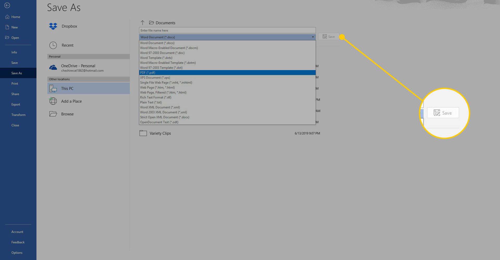 Menu Opslaan als in Word met de knop Opslaan gemarkeerd