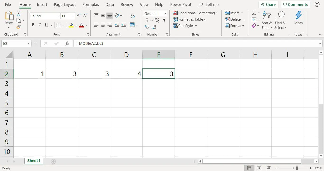 Een screenshot met een voltooide formule met behulp van de MODE-functie in Excel