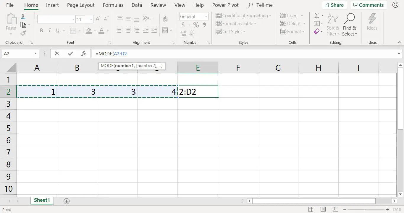 Een screenshot die laat zien hoe u aanwijzen en klikken gebruikt om de MODE-functie in Excel te openen