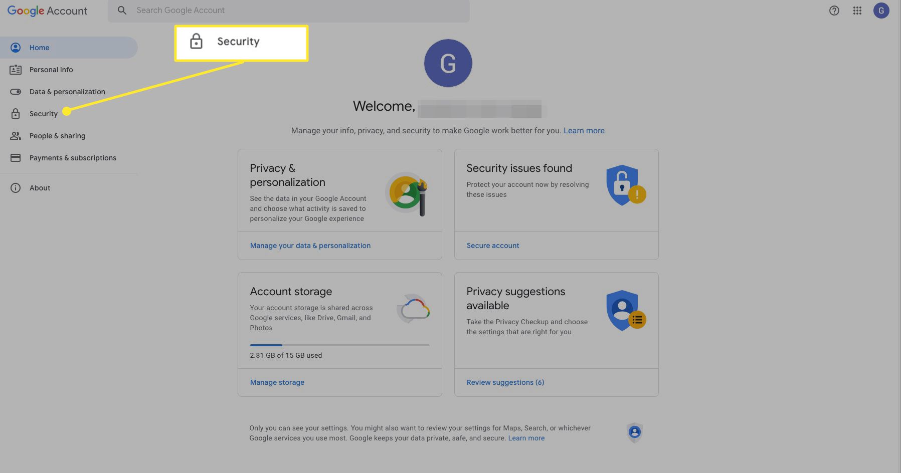 Google-accountinstellingen met beveiliging gemarkeerd