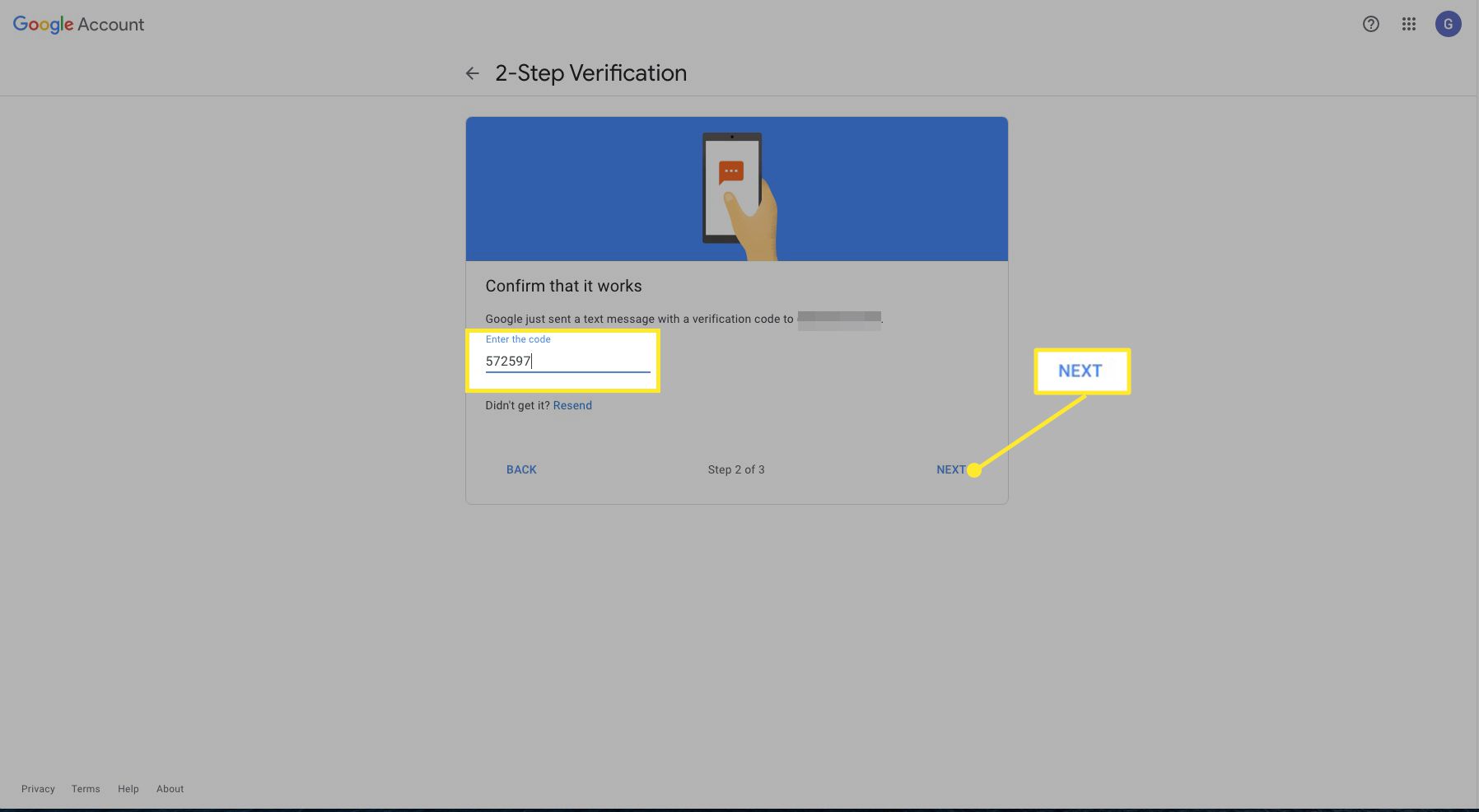 Google 2-staps verificatiescherm met code en Volgende gemarkeerd