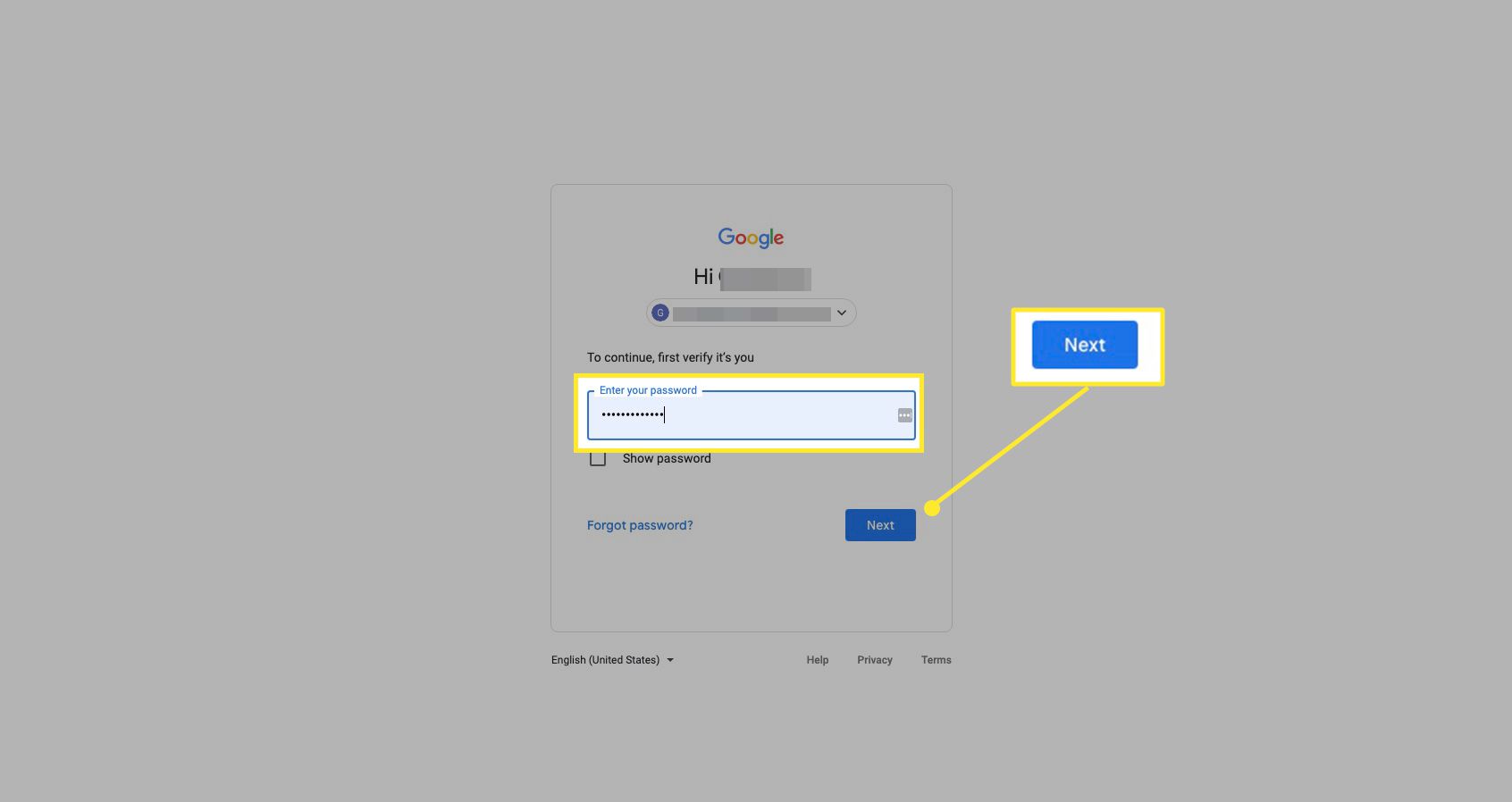Google-accountscherm met wachtwoord en "Volgende" gemarkeerd