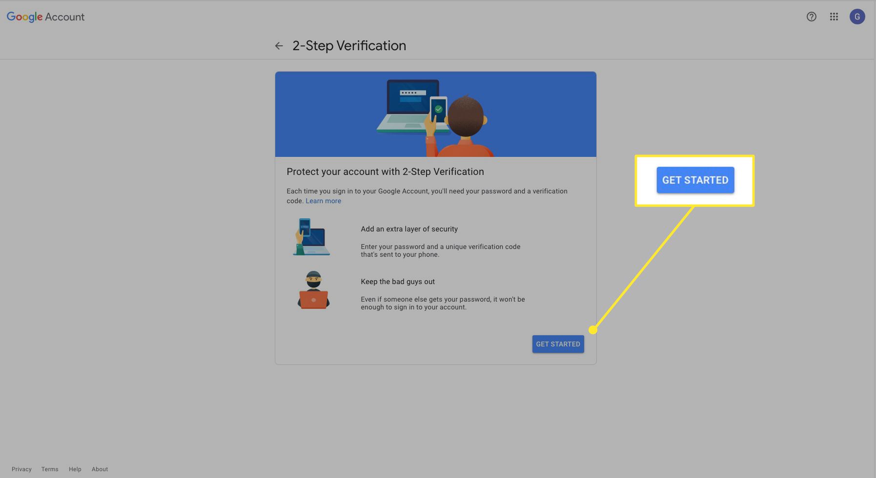 Scherm voor authenticatie in twee stappen van Google met Aan de slag gemarkeerd