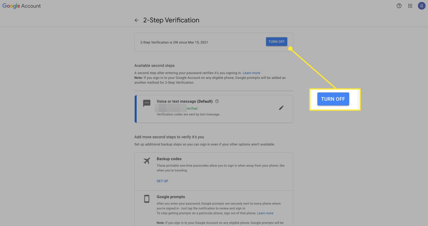 Instellingen voor authenticatie in twee stappen van Google met Uitschakelen gemarkeerd