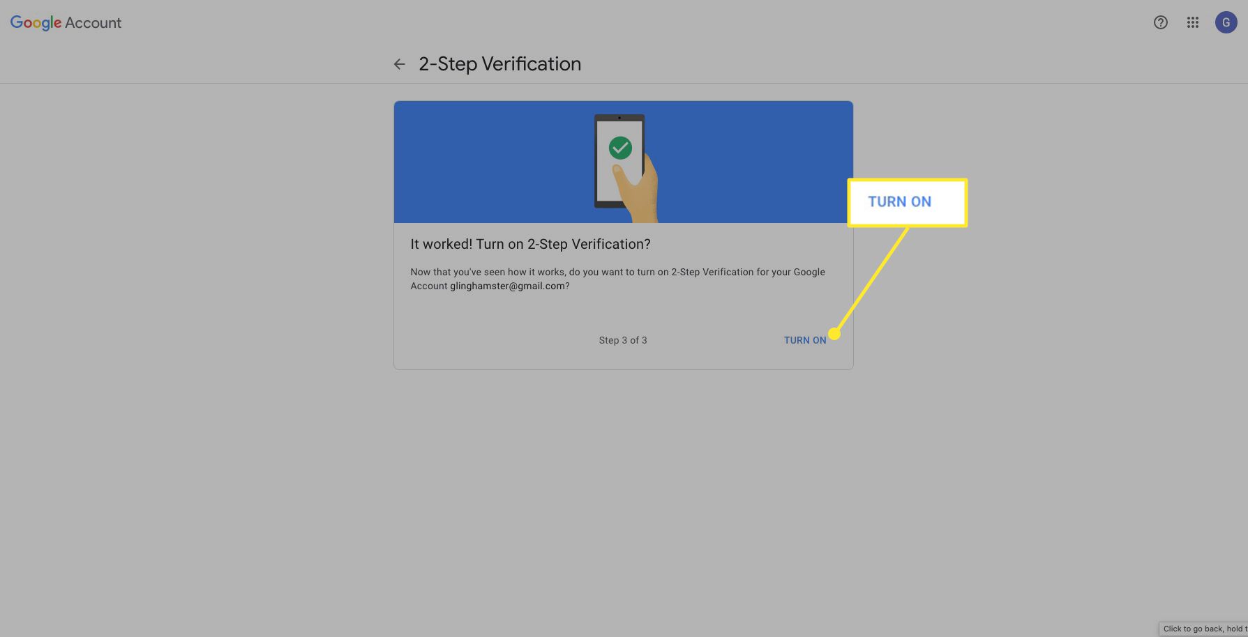 Scherm voor authenticatie in twee stappen van Google met 