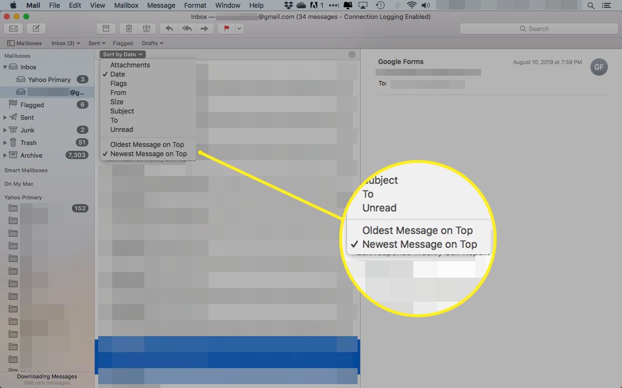 Sorteermenu in OS X Mail met de oplopende/aflopende volgordekeuzes gemarkeerd