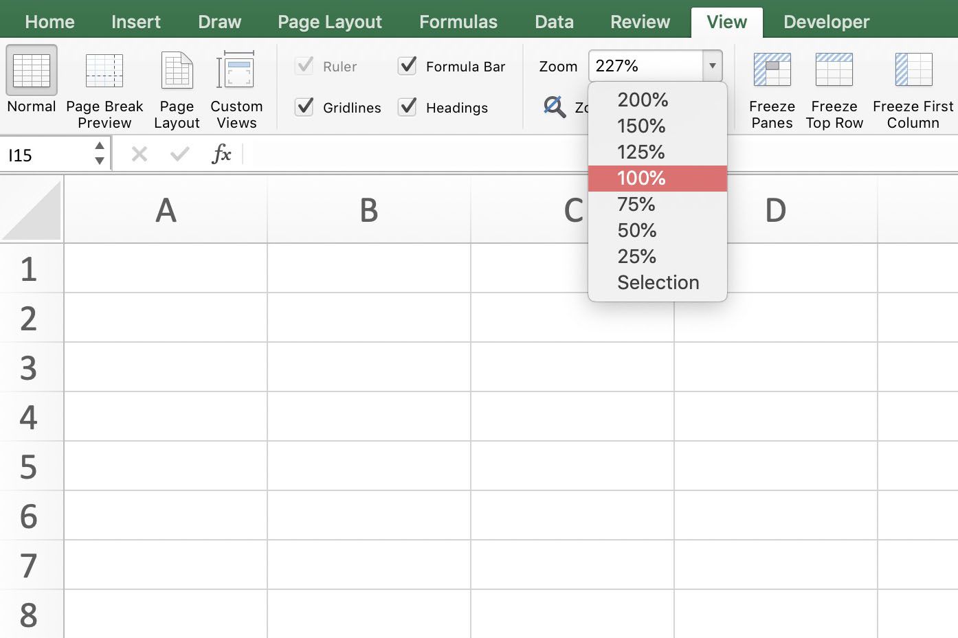 Screenshot van Excel met zoomopties op het lint