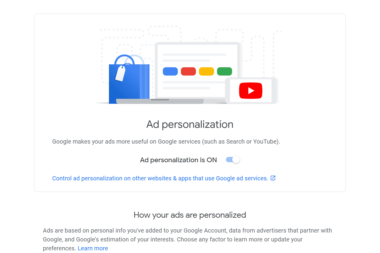Scherm voor advertentiepersonalisatie in een Google-account