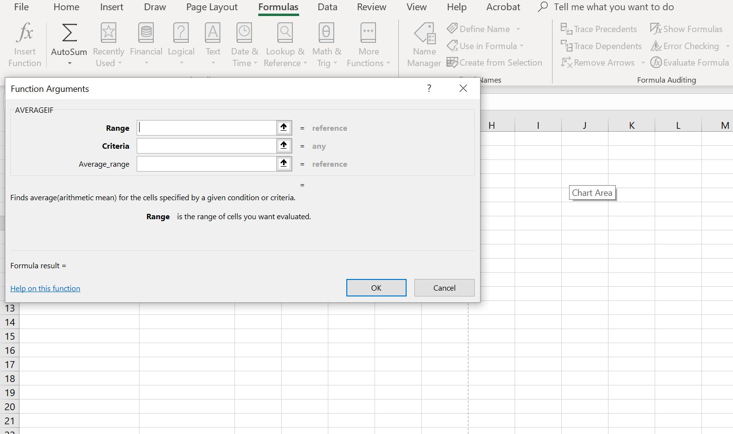 Excel's Functiedialoogvenster voor de GEMIDDELDE.ALS-functie.