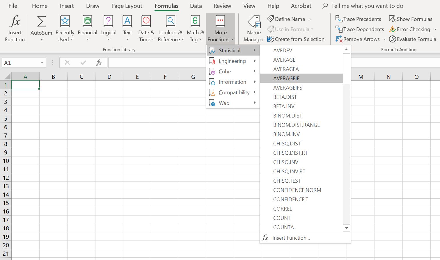 Excel's vervolgkeuzemenu Meer functies met AVERAGEIF geselecteerd.