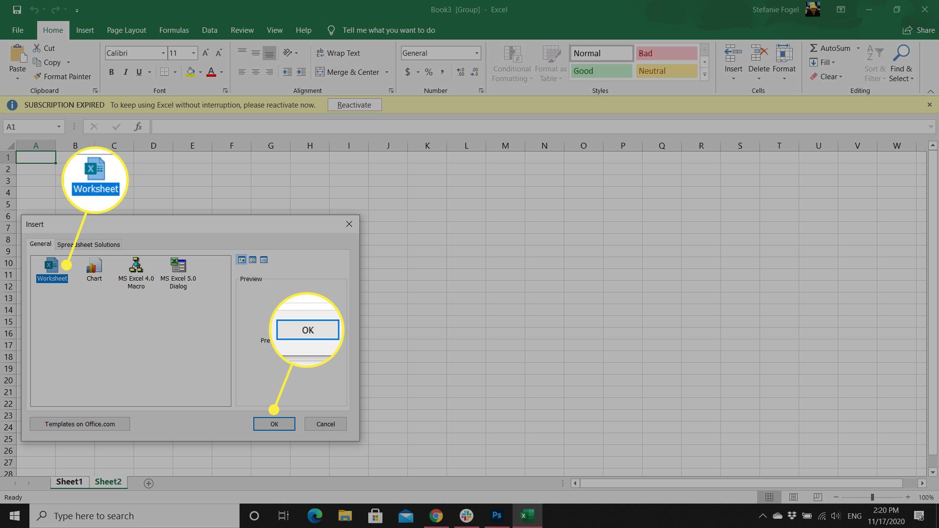 Een Excel-werkblad met het dialoogvenster Opties invoegen weergegeven