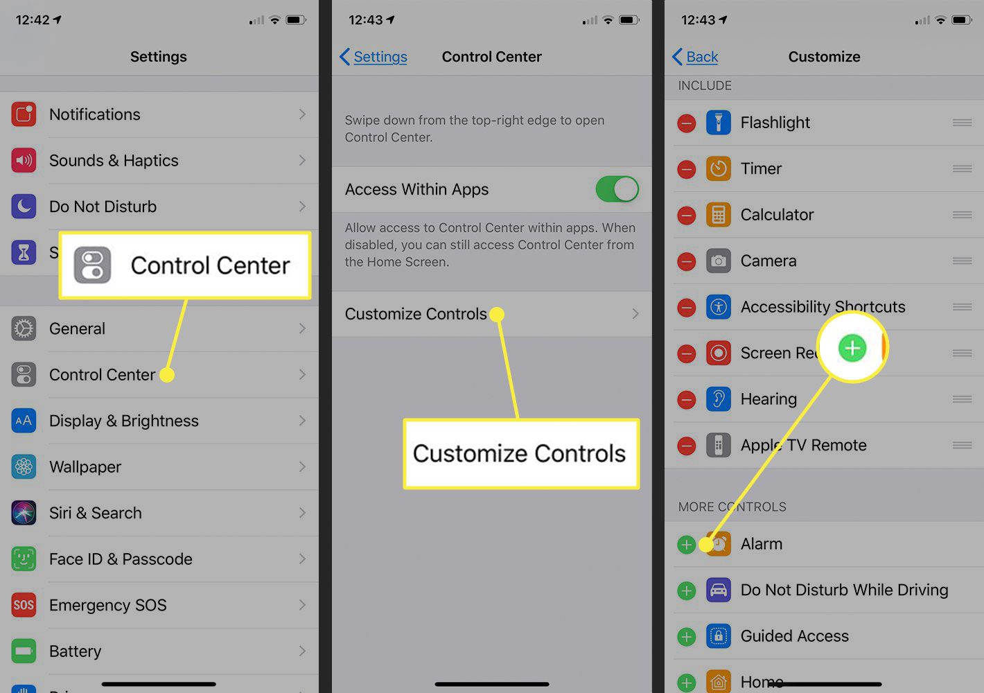 Schermafbeeldingen van een iPhone die laten zien hoe u het Control Center kunt aanpassen