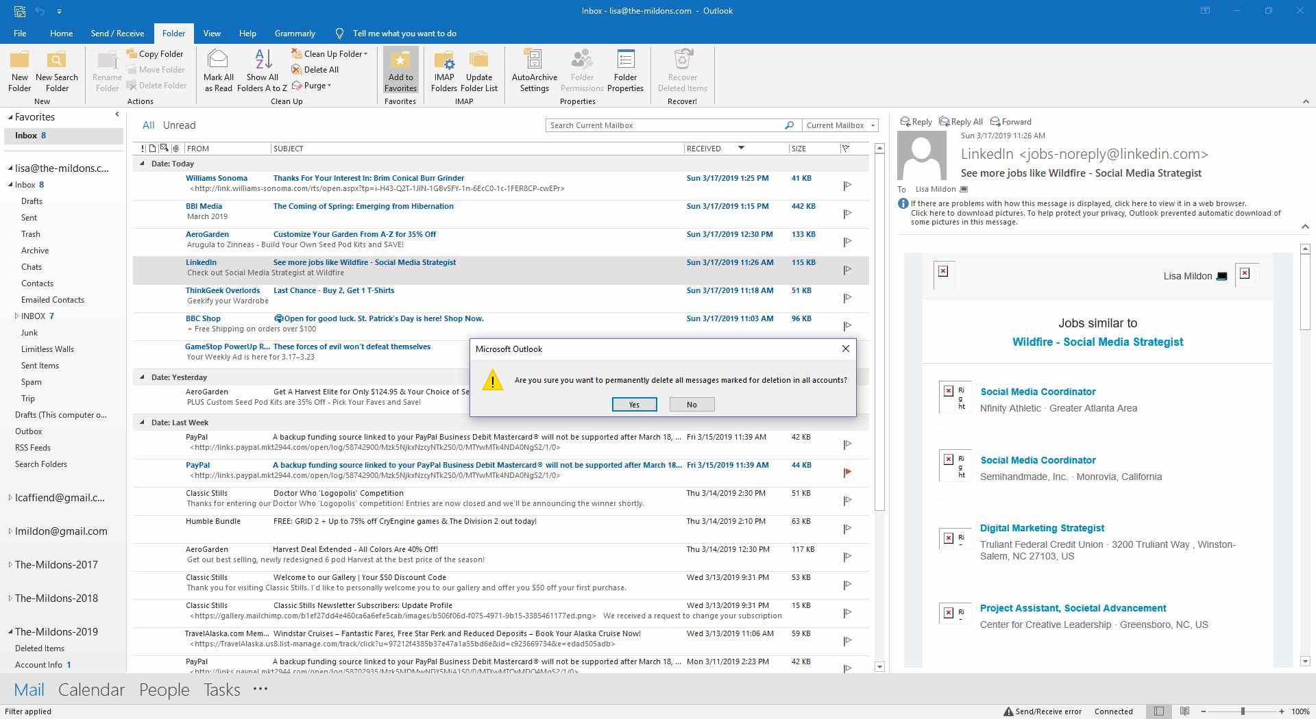 Bevestiging van de permanente verwijdering van e-mails in Outlook.