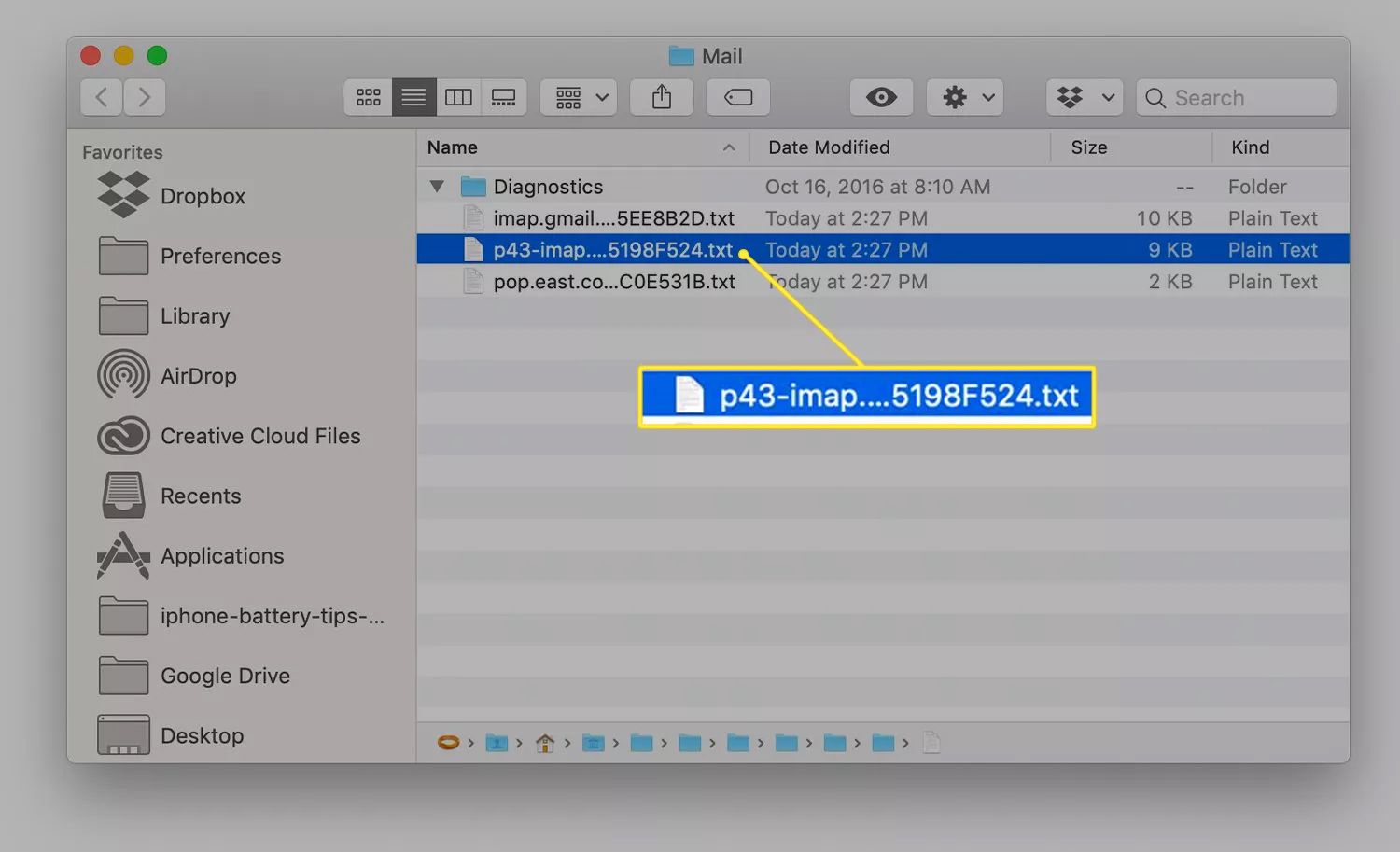 De Apple Mail-app met een weergegeven en gemarkeerd logboek