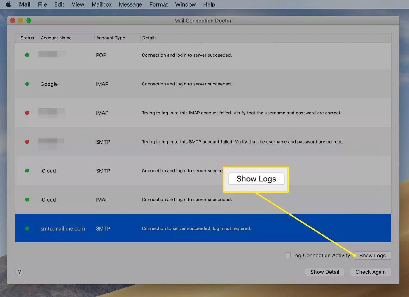 Het Mail Connection Doctor-venster van de Apple Mail-app met de knop 'Logboeken weergeven' gemarkeerd