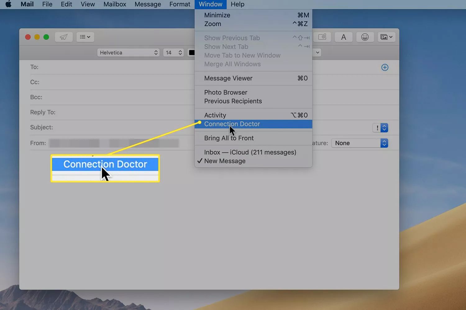 De Apple Mail-app met het menu Venster geopend en 'Connection Doctor' gemarkeerd