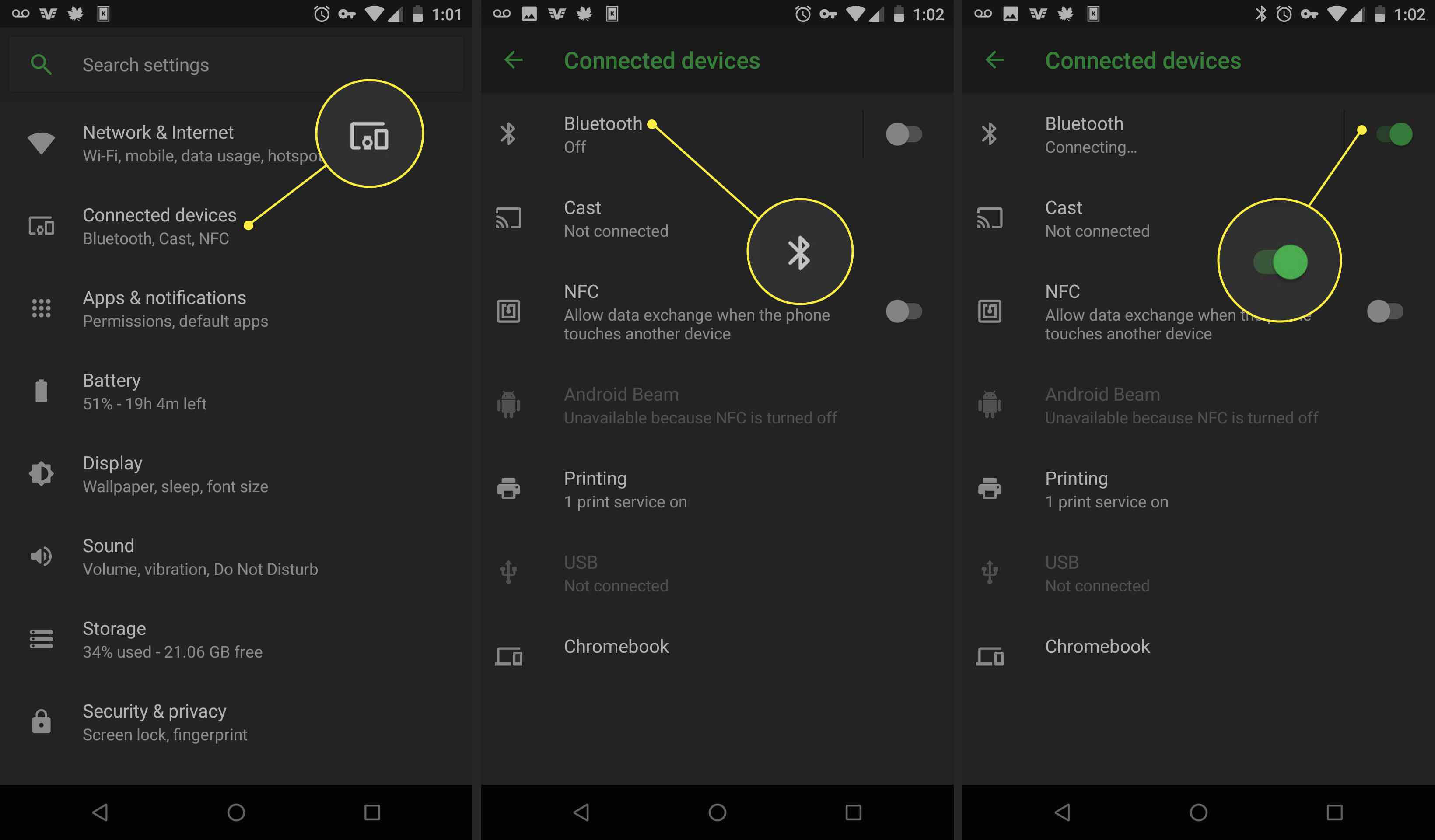 Schermafbeeldingen van een Android-apparaat met de Bluetooth-tuimelschakelaar