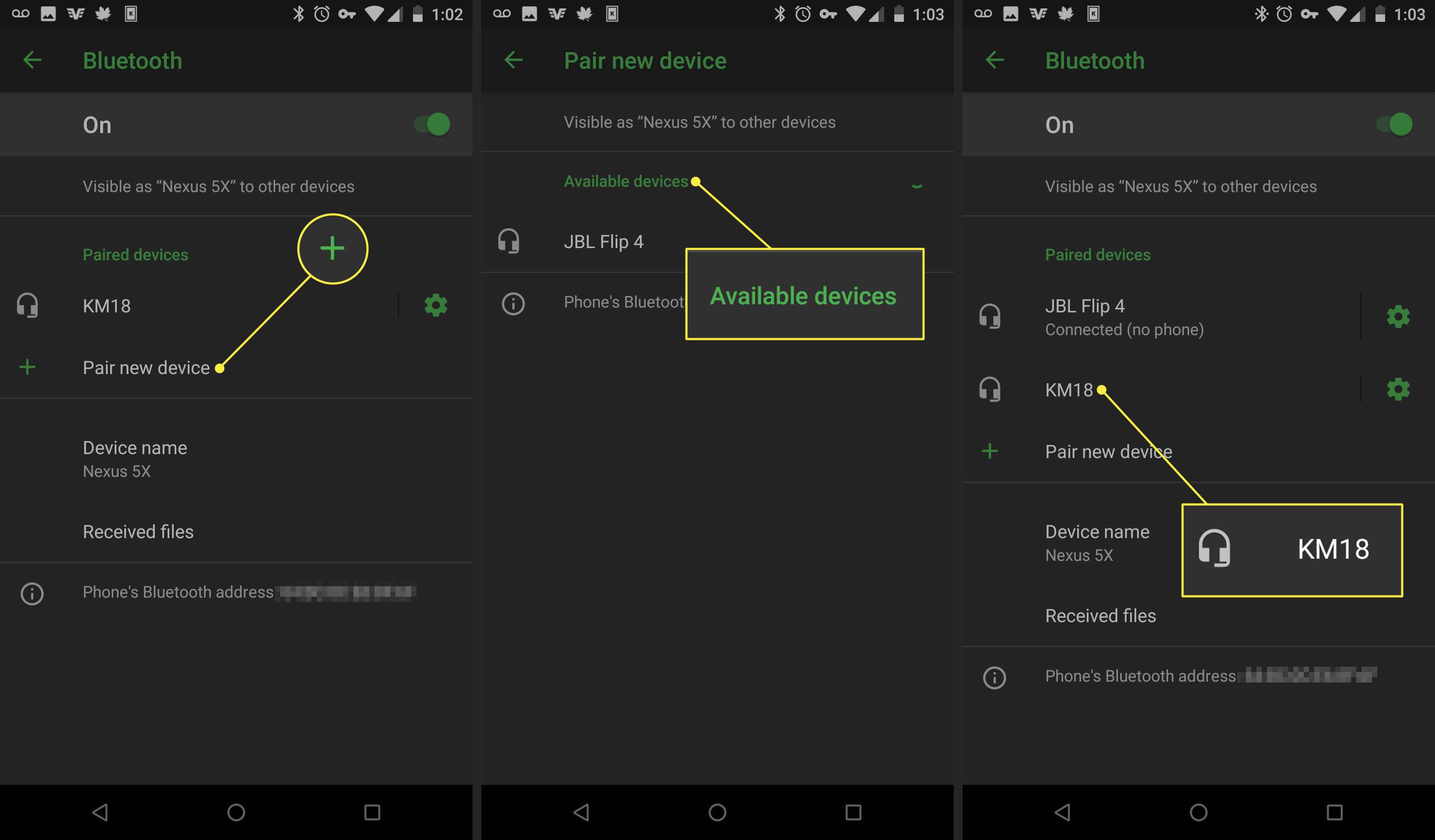 Schermafbeeldingen van een Android-apparaat die laten zien hoe je een apparaat via Bluetooth koppelt