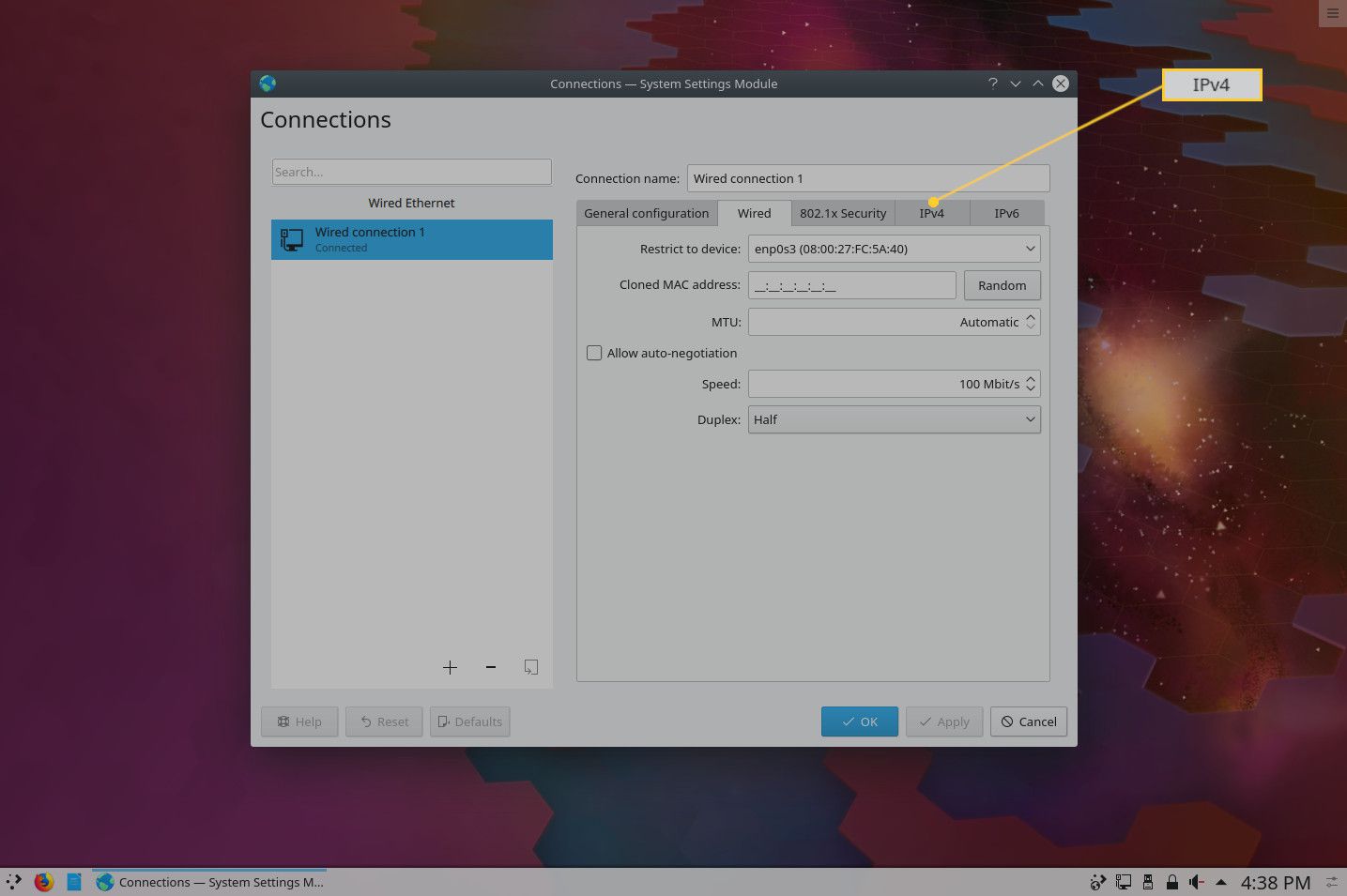 Screenshot van het KDE Network IPv4-tabblad.
