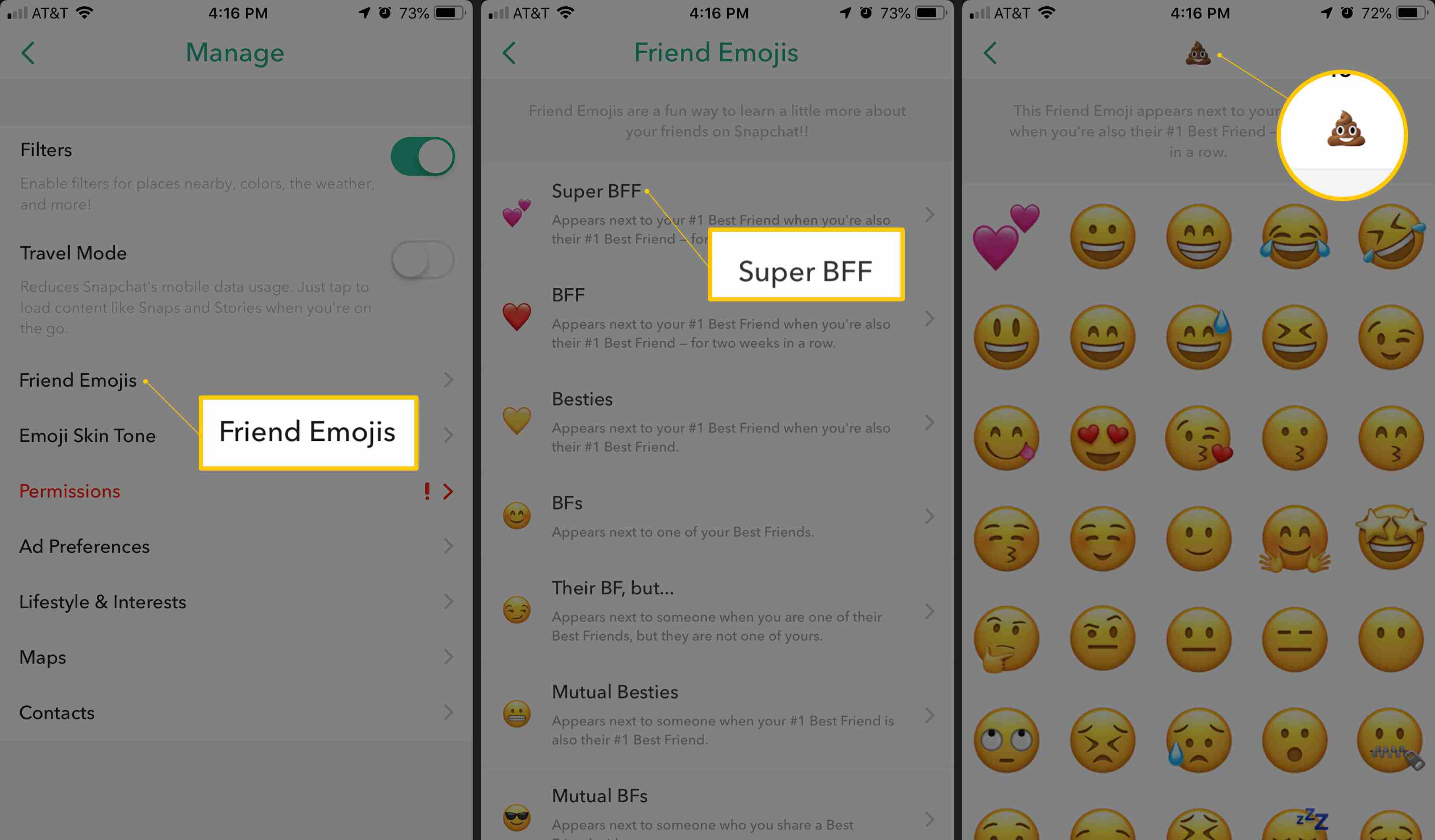 De Vriend Emoji's, Super BFF en Stapel Poep emoji in Snapchat