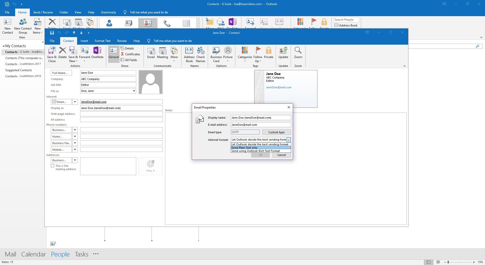 Outlook-e-maileigenschappen voor een individuele contactpersoon.