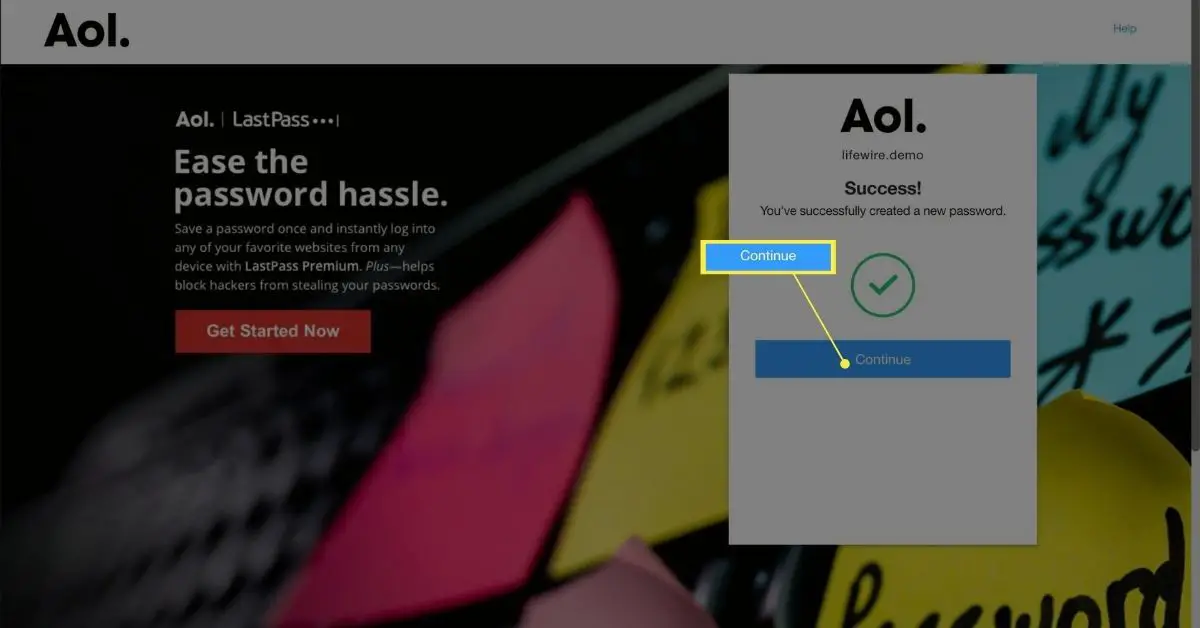 Doorgaan-knop op "succes"-scherm voor een gewijzigd wachtwoord op AOL