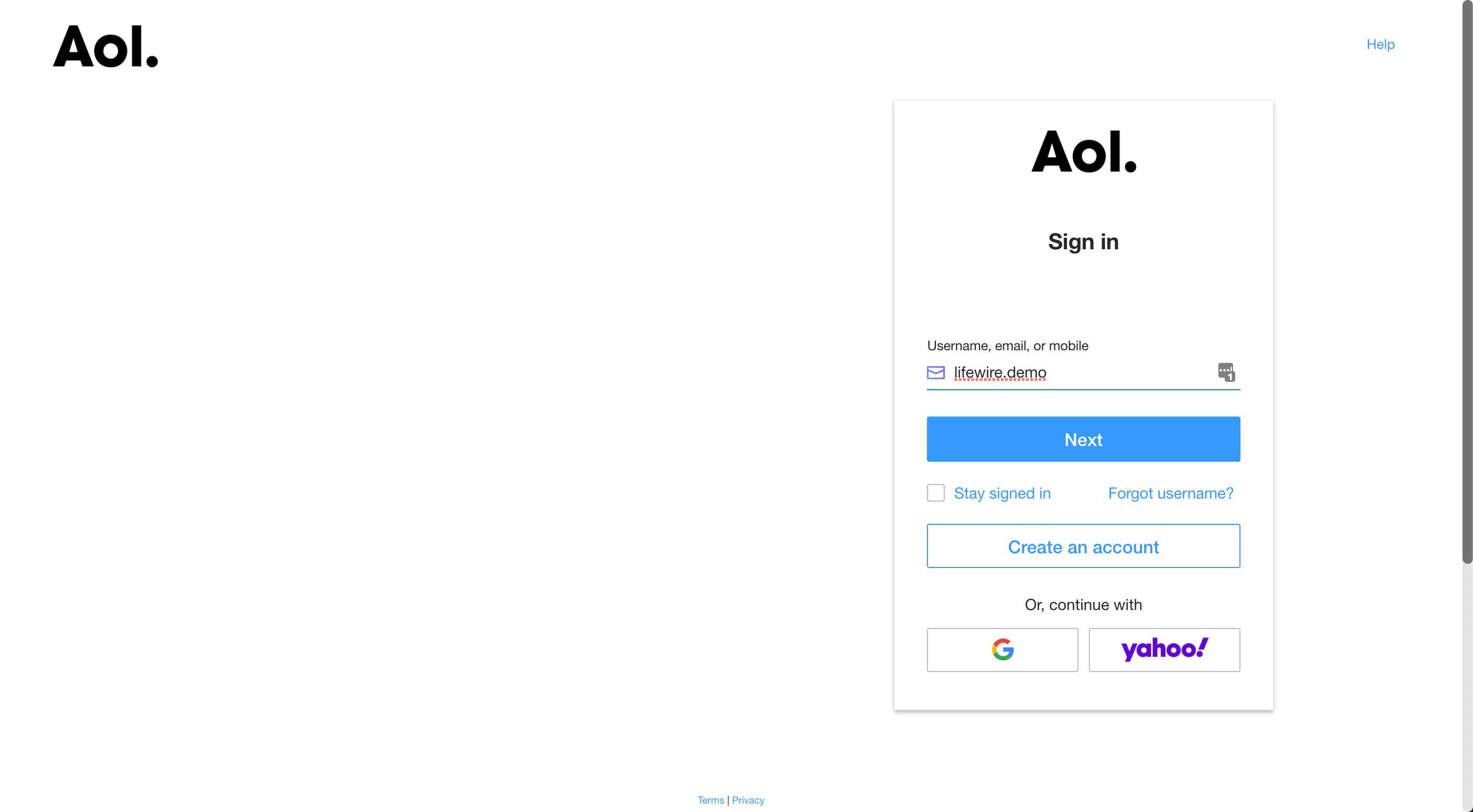 Het AOL-aanmeldingsscherm