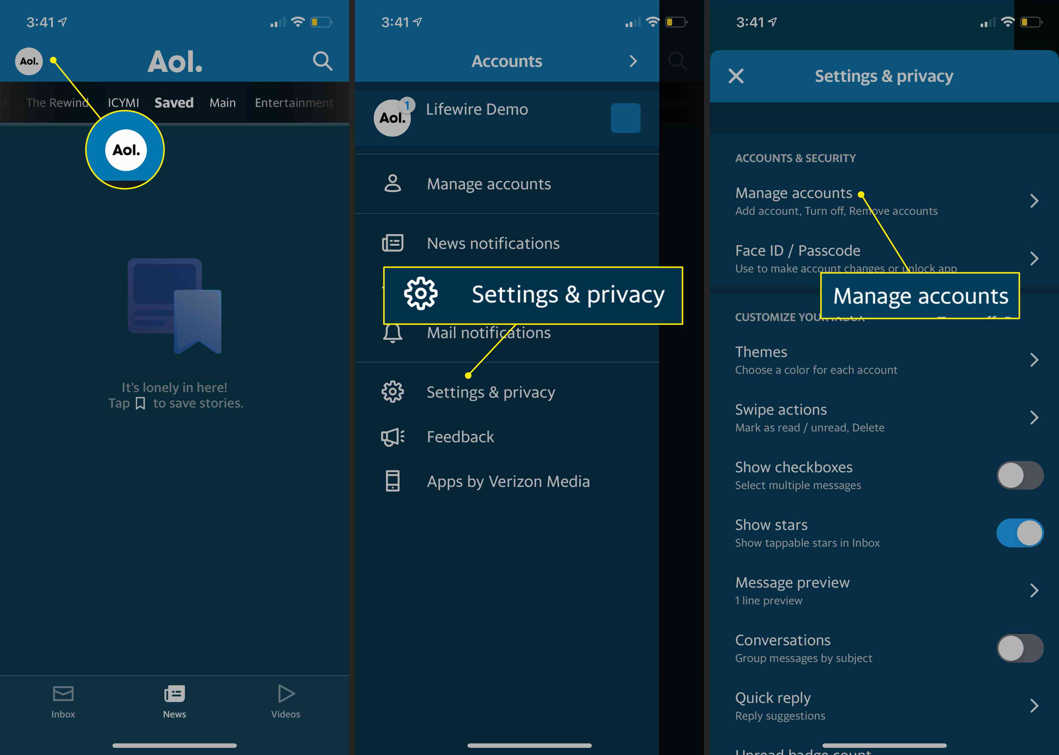 Accountpictogram, "Instellingen en privacy" en "Accounts beheren" in de AOL-app voor iOS