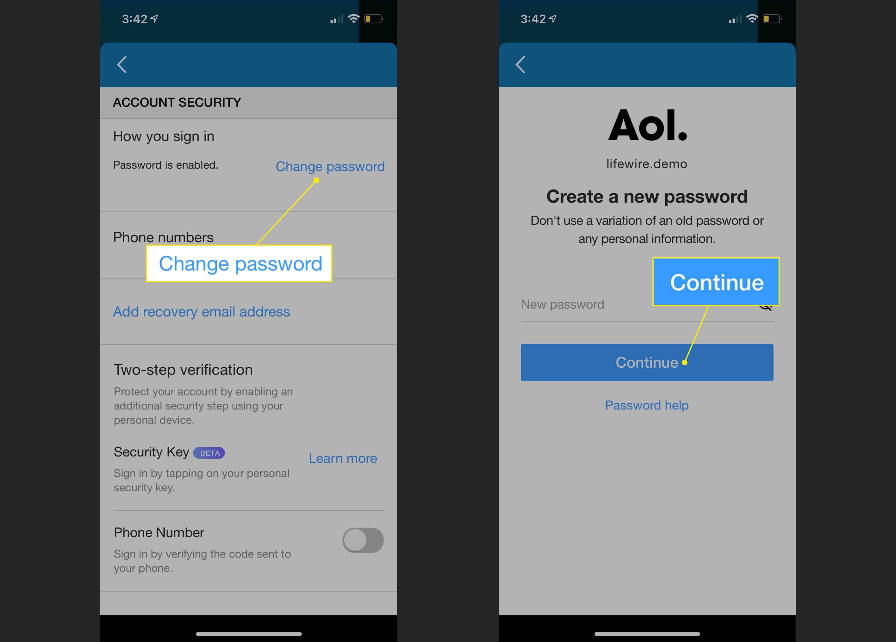 De link "Wachtwoord wijzigen" en doorgaan-knop in de AOL-app