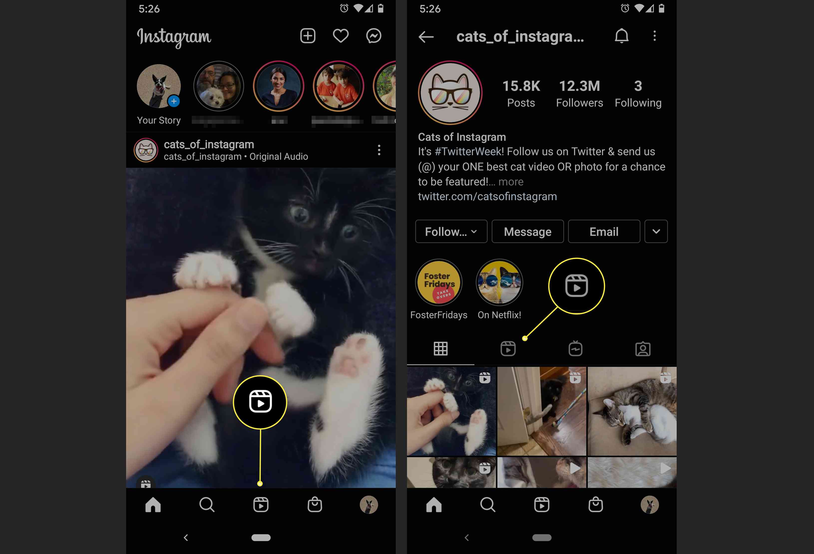 Een Instagram-feed en gebruikersprofiel met het Reel-pictogram gemarkeerd