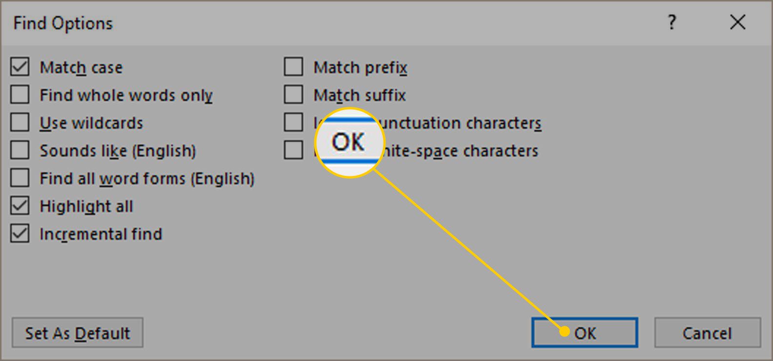 Zoek opties in Word met de OK-knop gemarkeerd