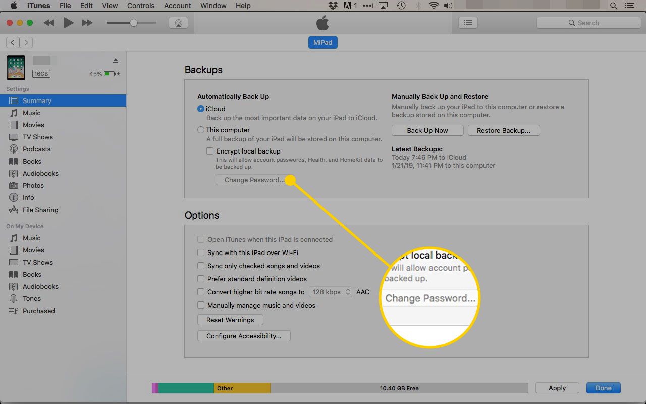 iTunes op een Mac met de knop "Wachtwoord wijzigen" voor versleutelde back-ups gemarkeerd