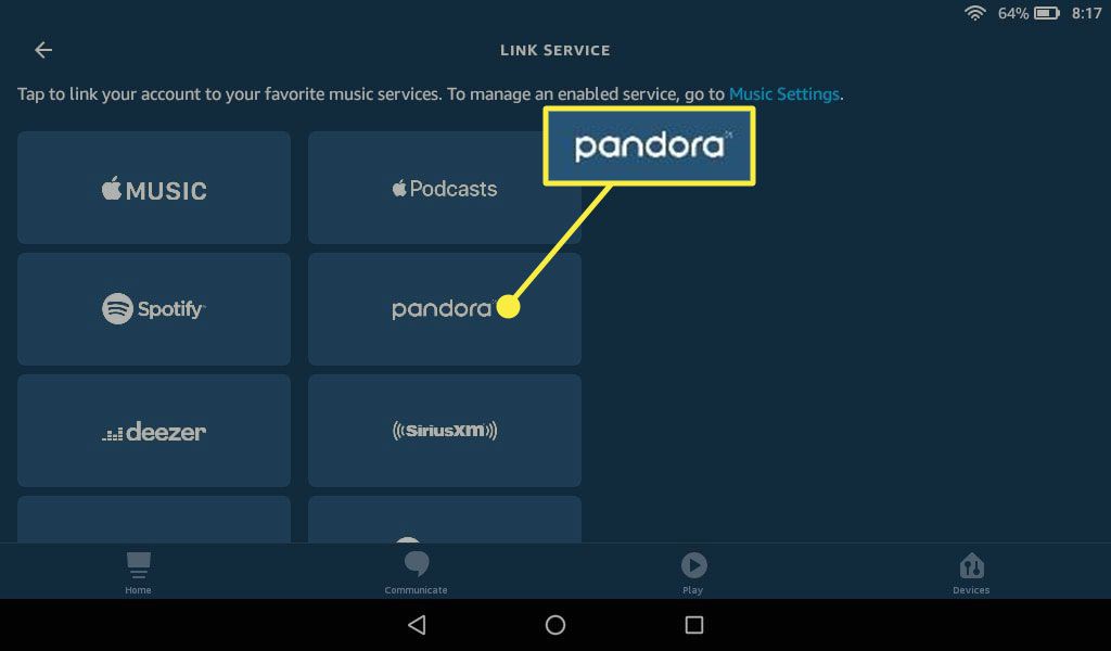 Pandora in Alexa's "Linkservice" scherm